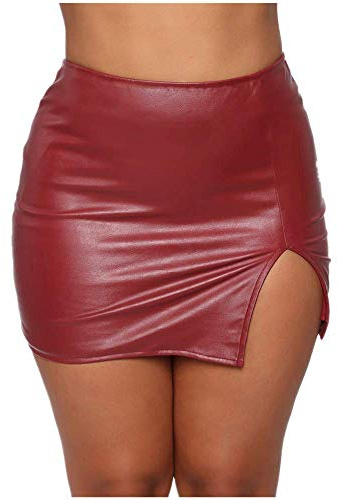 Dam sexig hög midja wrap PU läder kjolar smal konstläder delad minikjol stretch skinny pennkjolar, röd, XXL