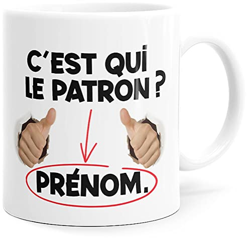 Mug Humour Personnalisable Prénom C’est Qui le Patron Tasse Message Texte drôle Personnalisé. Idée Cadeau Original pour Ami Couple Amoureux Collègue Frère Mari Homme Copain Anniversaire Noël Fête.