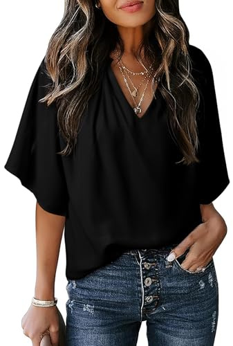Dokotoo Summer Tops for Women 2026 Chiffon Blouses for Women Dressy Casual V Neck 3/4 Sleeve Length Womens Tops Business Casual Outfits Work Dress Shirts Elegant Flowy Tops Black Shirt XXL