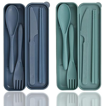 Camping Cutlery Reusable 2 Piece Travel Cutlery Set with Case, Plastic Cutlery Set with Case, Spoon, Knife, Fork, Chopsticks, Portable Camping Cutlery for On the Go, Outdoor, Picnic, Travel (Standard)