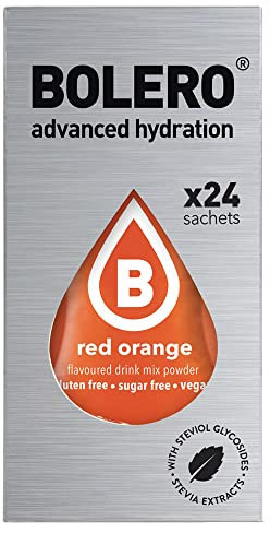 Bolero Bebida 24 bolsitas de 3 g g de fruta preparada en polvo soluble para bebida fresca en agua, 72 gramos endulzado con stevia (Red Orange)