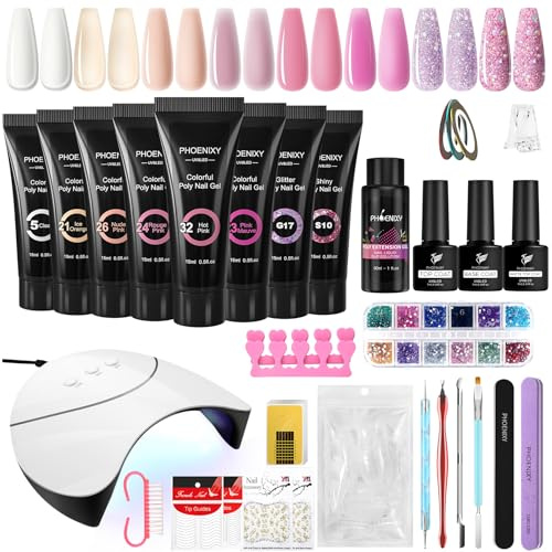 Kit Ongle Gel UV Complet, Phoenixy 8 Couleurs Poly Nail Extension Gel Faux Ongles Kit Vernis avec 36W Lampe UV/LED pour Debutant