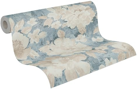 A.S. Création Blumentapete in Blau, Beige, Creme - hochwertige Vintage Tapete 396071 - Designtapete gemalt auf 10,05m x 0,53m - Made in Germany