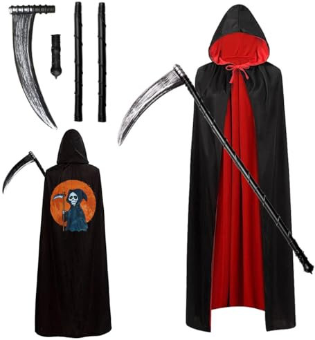 LGZIN Sensenmann Kostüm, Karneval Umhang Mit Sense, Schwarz Rot Doppelseitig, Grim Reaper Set für Cosplay, Unisex