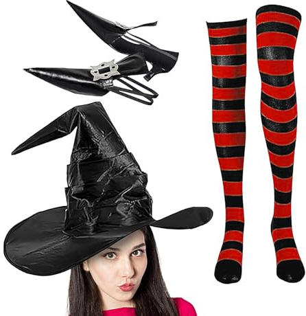 Costume da strega di Halloween, 3 pezzi, per costume da strega di Halloween, calze al ginocchio e cappello da strega, scarpe da strega, decorazione, copriscarpe, fibbie per scarpe, calzini