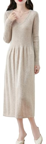 100% Merino Wool Sweater Dress Women's Long Sleeve Knitted V Neck Pullover Fall Winter Long Tops
