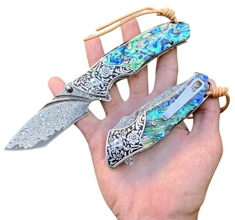 Obespina Couteau Pliant Poche Damas luxe Acier 67 Couches VG10 Damascus lame Tranchante Manche Abalone Nacre Collection Cadeau Homme edc forge artisanat camping linerlock qualité
