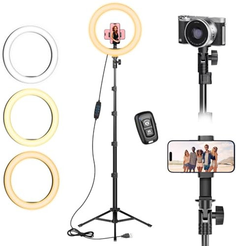 Ring Light avec Trépied, Trépied Smartphone Lumineux Professionnel, 10 Anneau Lumineux avec 3 Modes d'Eclairage pour Selfie, Photo, Caméra Vidéo, Tiktok & Youtube en Direct