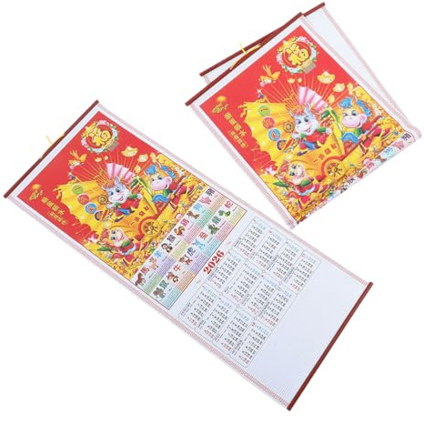 VILLFUL Lot de 2 calendriers muraux chinois 2026, calendrier lunaire en rotin synthétique, style cheval, à suspendre mur, pour bureau