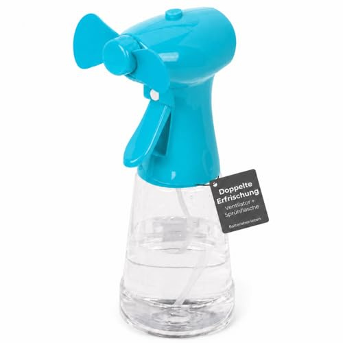 MIJOMA Sprühflasche mit Ventilator, ca. 22 cm, in Hellgrau und Dunkelgrau erhältlich, batteriebetrieben, ideal für heiße Sommertage, tragbare Abkühlung, Sprühventilator für unterwegs (Türkis)