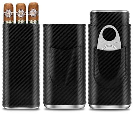 CLZOONG Zigarrenetui Leder Humidor Box mit Zigarrenschneider aus Edelstahl und Futter aus Zedernholz, Tragbares Zigarrenetui für 3 Zigarren, Reise Zigarrenetui für Draußen (Schwarz)