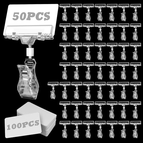 50 Piezas Clips Giratorios para Etiquetas de Plástico con 100 Etiquetas de Precio, Pinza de Precios Transparente, para Exhibición de Precios en Supermercados, Notas y Tarjetas de Visita.