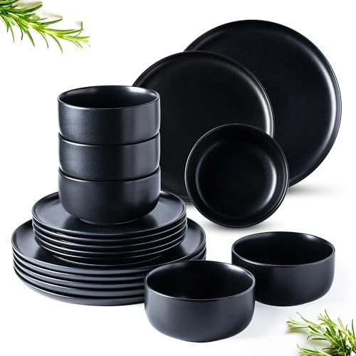 LeRatio Dinner Set for 6, 18 Piece Stoneware Plates and Bowls Set, Chip and Scratch Resistant Reactive Glaze Dinnerware Set, Oven & Dishwasher & Microwave Safe Crockery Set (Black, Service for 6)