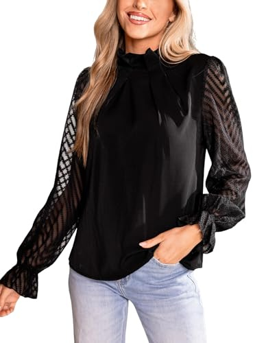 CUPSHE Camicetta da donna con colletto alto, camicetta trasparente a maniche lunghe, maglia elegante da donna, Nero , L