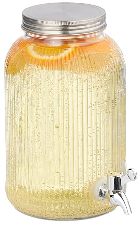 Relaxdays Getränkespender, geriffelter Limobehälter, Zapfhahn und Deckel, Wasserspender, Glas & Eisen, transparent | Zapfhahn & Deckel, Wasserspender, Glas & Eisen