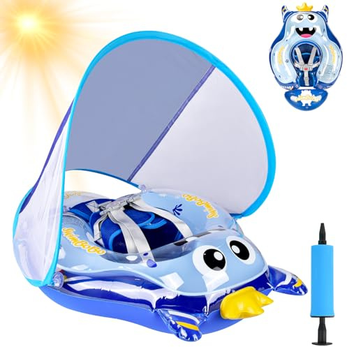 YOOHBERRYS Salvagente Neonato con Parasole, Ciambella Neonato Mare, Anello Galleggiante per Bambini con Parasole UPF50+, Salvagente Galleggiante per bambini da 6 a 36 mesi (Blu)