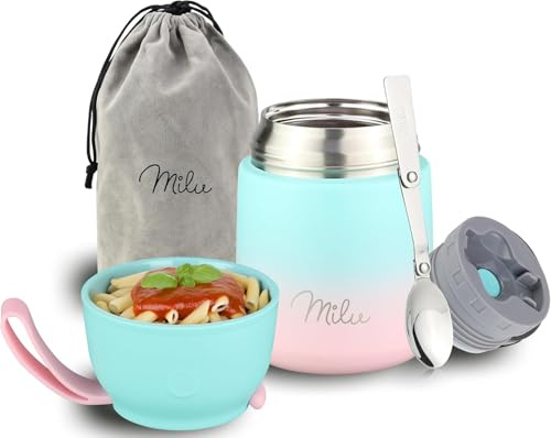 Milu® Thermo Food Flask 450ml - Stainless Steel Insulated Container - Lunchbox - Jar with Spoon for hot and Cold Food (Mint Pink, 450ml)