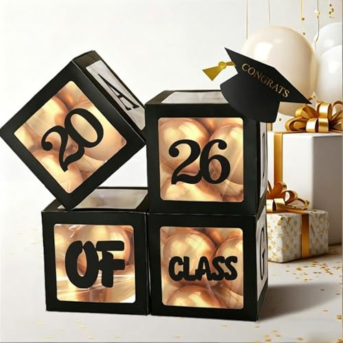 Graduation Decorations Balloon Boxes with Letters, Class of 2026 Decorations Black Grad Balloon Box with String Lights, White and Gold Balloons Total 47Pcs for Graduation Party