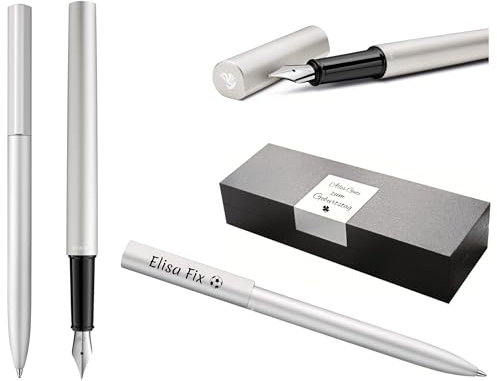 Pelikan Ineo® Elements Fountain Pen and Ballpoint Pen with Engraving, Gift Premium Pen, Gift Box, Blue Refill, Personalised Gift, Engraved Name, Birthday (Silver)