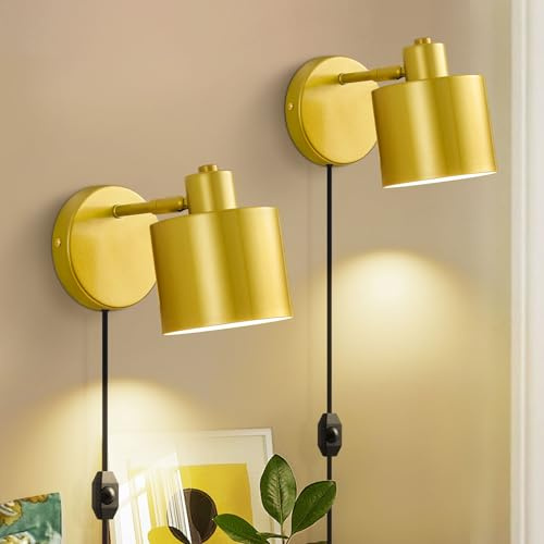 Glowlit Wandlampe mit Stecker und Dimmbarem Schalter, Gold Wandleuchte Innen mit 360° Drehbar, E27 Industrial 60W für Wohnzimmer Schlafzimmer Flur