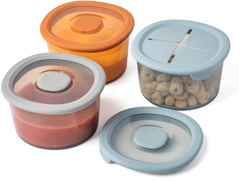 Moonkie Silicone Baby Food Storage Containers | 240 ml Baby Food Jars with Airtight Lids and A Snack Lid | Snack Containers for Toddler | BPA Free | Freezer & Dishwasher Safe | 3 Pack (Ether)