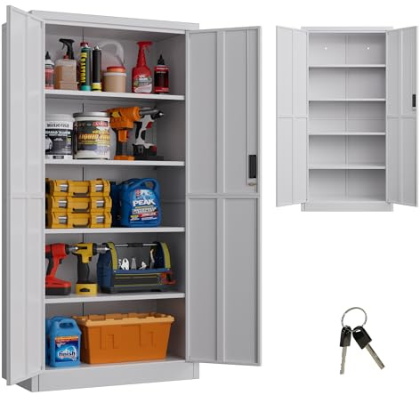LOCENHU Multifunktionaler Metallschrank 180x80x40 cm, Metallwerkzeugschrank, 4 Regale, Abschließbar, Geeignet für Büro, Schule, Werkstatt, Zur Selbstmontage, (Weiß)
