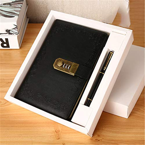 Notizbuch Tagebuch Password Notebook Vintage-PU-Leder-Tagebuch Password Diary Book Notizblock mit Zahlenschloss 100 seiten Vintage Notebook (Schwarz)