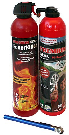 Premium-Seal Juego de extinción de incendios de 500 ml y juego de pinchazos de neumáticos de 650 ml, sellador de neumáticos de coche de hasta 2,5 bar y spray extintor de incendios