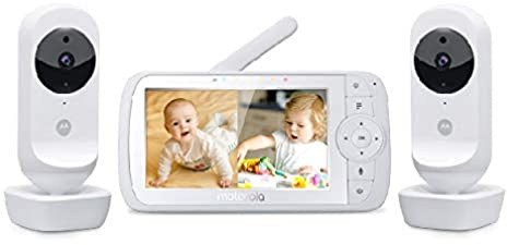 Motorola Nursery VM35-2/Ease 35 Twin babymonitor med 2 kameror 5,0 tums video babymonitor display delad skärm nattvision tvåvägs kommunikation vaggvisor zoom rumstemperatur, vit
