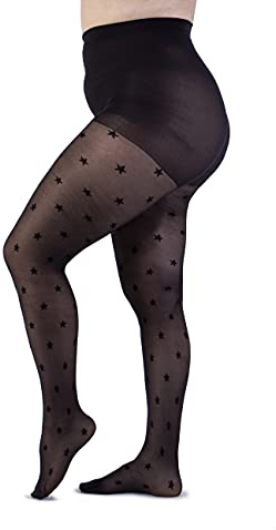 LEELA LAB Collant Curvy Particolari a Fantasia Con Stelle, Calze 30 Denari Donna Nero E Nude, Taglie Forti Fashion, Made In Italy (Black, 9)