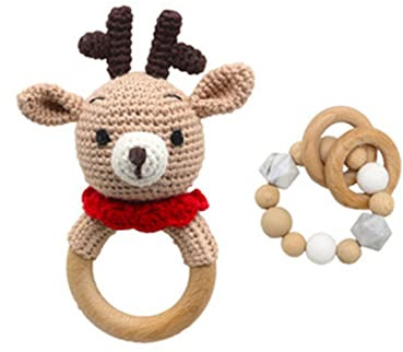SWECOMZE Holzspielzeug Baby, Baby Rassel Spielzeug, Baby Beißring Holz Gehäkelte Greifling, Handmade Babyrassel Holzspielzeug, Geschenke zur Geburt für mädchen und Junge (Hirsch,#2)