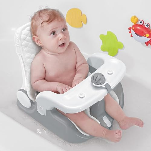 BabyBond Baby badstol med sittande och liggande i 2 lägen, 3-hastighetsjustering, kraftfulla sugkoppar, spädbarn badkarsstol med tvättbar kudde, vikbar och hängande