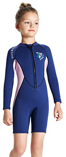 YuanDiann Traje de neopreno para niños de 2,5 mm, corto para niños, niñas, manga larga, cremallera frontal, traje de baño térmico, protección solar, neopreno, de una pieza, corto, natación, surf,