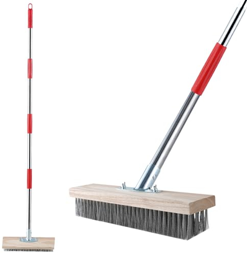 Mitclear Balai Métallique Robuste avec Manche Télescopique(145cm), Brosse en Métal Rigides pour Enlever Les Mauvaises Herbes, Mousse et Taches Tenaces, Balai à Récurer pour Patio, Terrasse et Jardin