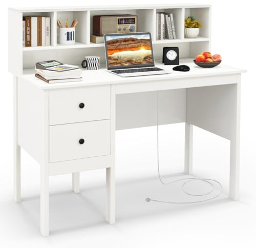 COSTWAY Computer Desk, 120CM Wooden Study Table Writing Workstation with Storage Shelves and 2 Drawers, Modern PC Laptop Table Working Desk for Home Office Bedroom (White)