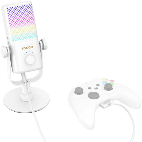 TONOR Micrófono para Juegos Compatible con Xbox, Micrófono Condensador RGB con Vida útil de la Batería 30h, Control de Ganancia, Micrófono de Escritorio con Botón Silencio, Blanco, TCX3