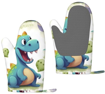 Cute Dinosaur Oven Mitts Set of 2 Heat Resistant Silicone Oven Gloves with Soft Lining Non-Slip Kitchen Cooking Mitt Long Waterproof Potholders Kitchen Essentials