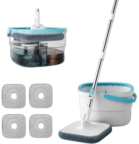360° snurrmopp och hink med 3 tvättbara mikrofiberkuddar, separering av smutsigt och rent vatten, mopp och hinkar set för rengöring av golv, vägg, glas