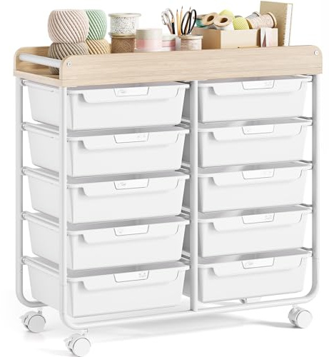 Rollcontainer-Kunststoff-Badrollwagen-Bastelwagen mit 10 Schubladen, Rollwagen mit Schubladen, aufbewahrungswagen für Bad, Küche,Wohnzimmer&Schlafzimmer,Weiß