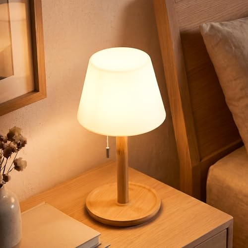 LuminexDesigns Lampe de Table LED Sans Fil–Rechargeable Lampe de Chevet bambou Scandinave Bohème avec Interrupteur à Tirette, Éclairage Ambiant Étanche pour Chambre, Salon,Patio et Extérieur-BAMO TL10