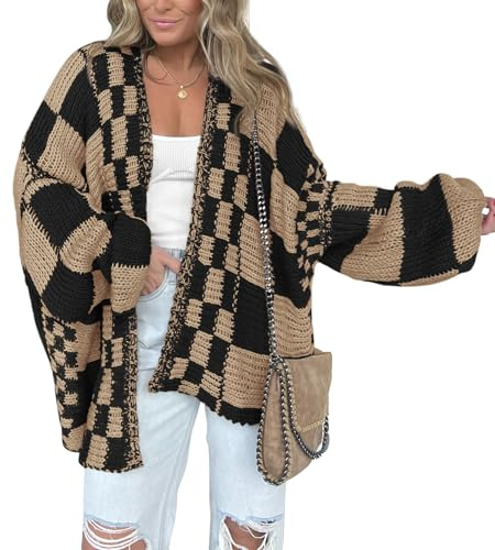 BTFBM Casual Cardigan Sweater for Women Fall 2026 Long Sleeve Open Front Chunky Knit Sweaters Checkered Outwear Coat(Khaki Black,Large)