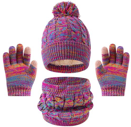 BESTORI 3 en 1 Ensemble de Bonnet Pompon Echarpe Doublure Polaire Gants d’écran tactile Hiver pour Garçons Filles de 4 à 10 Ans