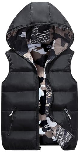 Generisch Chaleco de invierno para niños con capucha acolchado camuflaje chaleco reversible sin mangas chaqueta, Negro , 8-9 años