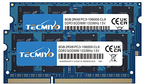 TECMIYO (2 x 8 GB) Kit DDR3 16GB RAM 1333MHz PC3-10600 Unbuffered no ECC 1,5 V CL9 2Rx8 Dual Rank 204 Pin SODIMM ddr3 Memoria para Ordenador portátil, Memoria RAM módulo Upgrade