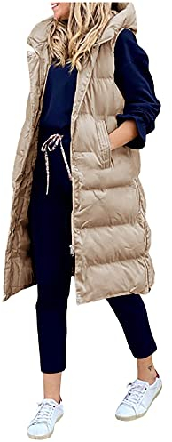 HHMY Abrigo de invierno con capucha, sin mangas, acolchado, cálido, con bolsillos, chaqueta de entretiempo, exterior, chaleco informal, chaleco de plumón, de algodón, tallas S - 5XL, C04-Khaki, L