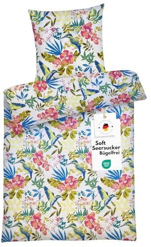 Carpe Sonno Seersucker Bettwäsche 135x200 Baumwolle [Bügelfrei] | Blumen Bettwäsche Seersucker 135x200 | Sommer Bettbezug 135 x 200 | Leicht kühlende Sommerbettwäsche bunt geblümt