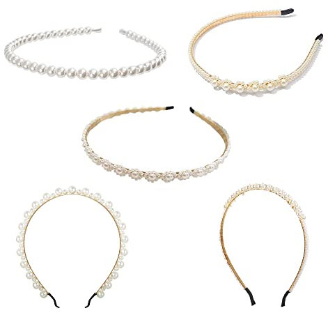 LEZED Cerchietto di Perle 5 Pezzi Eleganti con Diadema per Donne, Cerchio da Sposa Sintetico, Elastici per Capelli alla Moda