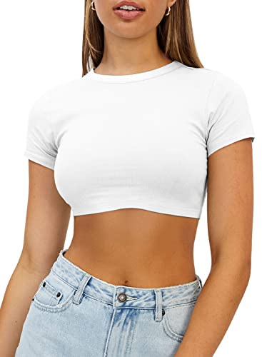 Haochic White Crop Top for Women - Y2K Slim Crewneck, Short Sleeve Fitted Ribbed, Casual Double Lined Blouse, Size M