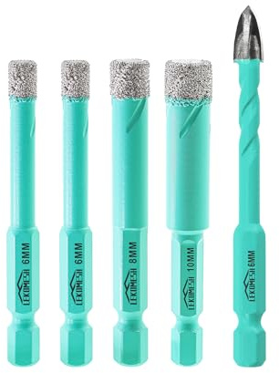 LEKOMESH Porcelain Tile Drill Bits - 4pcs 6/6/8/10MM Diamond Hole Saw & 1pc 6MM Carbide Drill with Quick Change Hex Shank for Porcelain Tile Drill Bits for Ceramic Marble Granite Stone Quartz