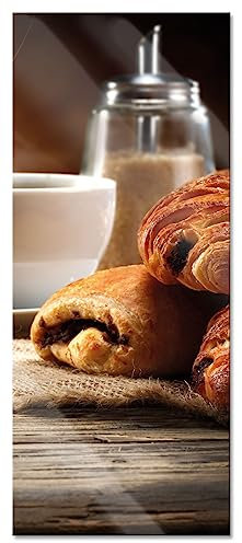 Pixxprint Glasbild Panorama, Wandbild aus Echtglas, Croissant zum Kaffee, 120x50 cm, inkl. Aufhängung und Abstandshalter